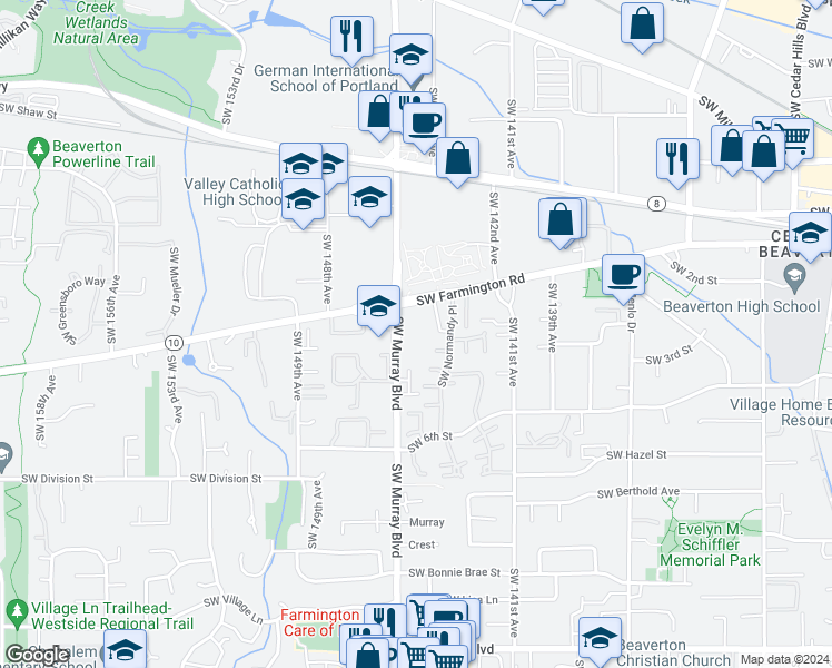 map of restaurants, bars, coffee shops, grocery stores, and more near 4880 Southwest Murray Boulevard in Beaverton