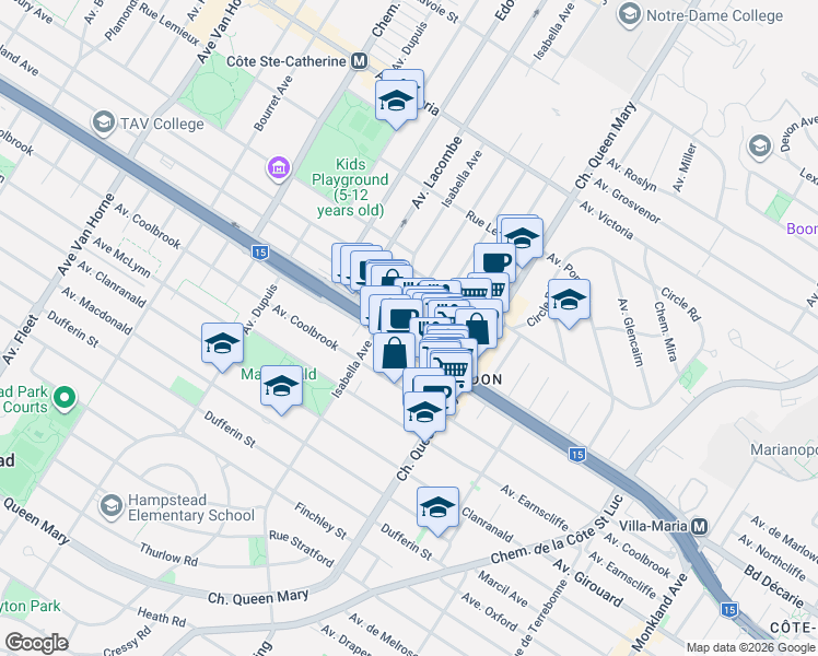map of restaurants, bars, coffee shops, grocery stores, and more near 5227 Boulevard Décarie in Montréal