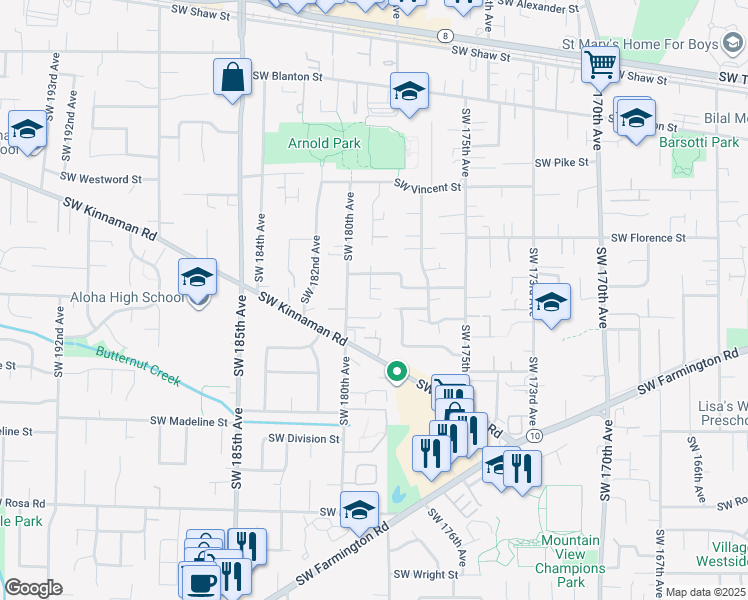 map of restaurants, bars, coffee shops, grocery stores, and more near 17939 Southwest Meadowbrook Way in Beaverton