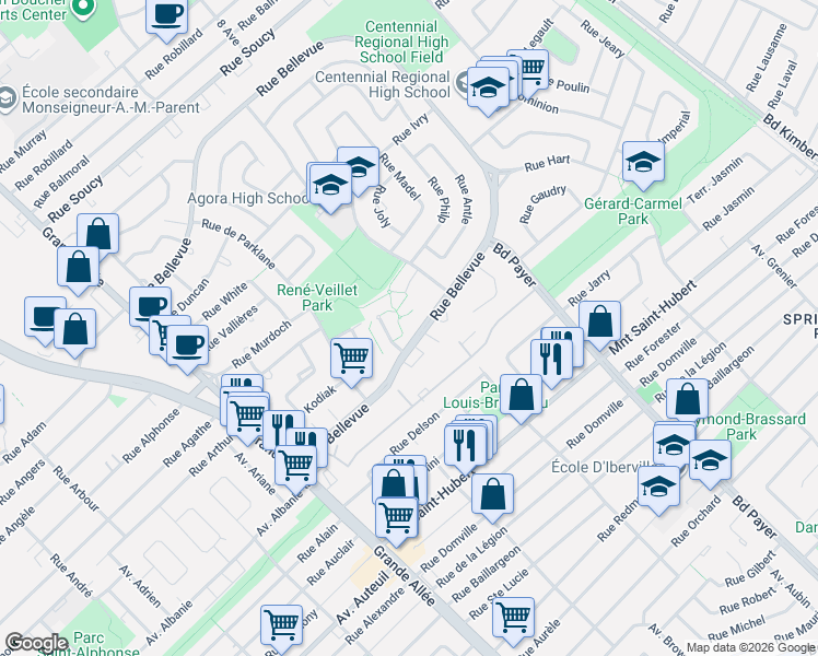 map of restaurants, bars, coffee shops, grocery stores, and more near 1511 Rue Bellevue in Longueuil
