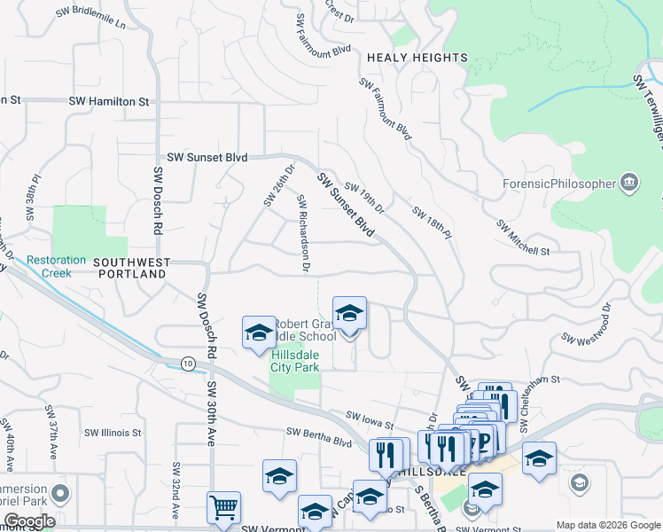 map of restaurants, bars, coffee shops, grocery stores, and more near 2340 Southwest Boundary Street in Portland