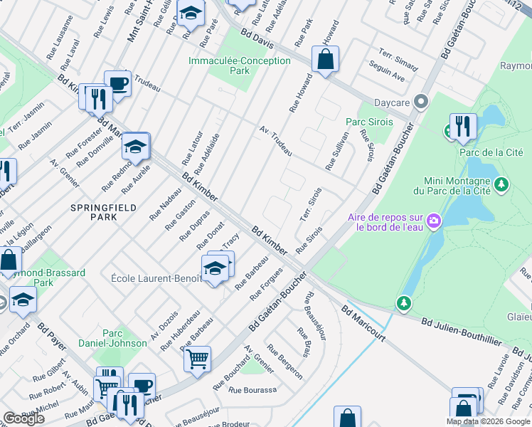 map of restaurants, bars, coffee shops, grocery stores, and more near 3840 Rue Jean Guy Samson in Longueuil