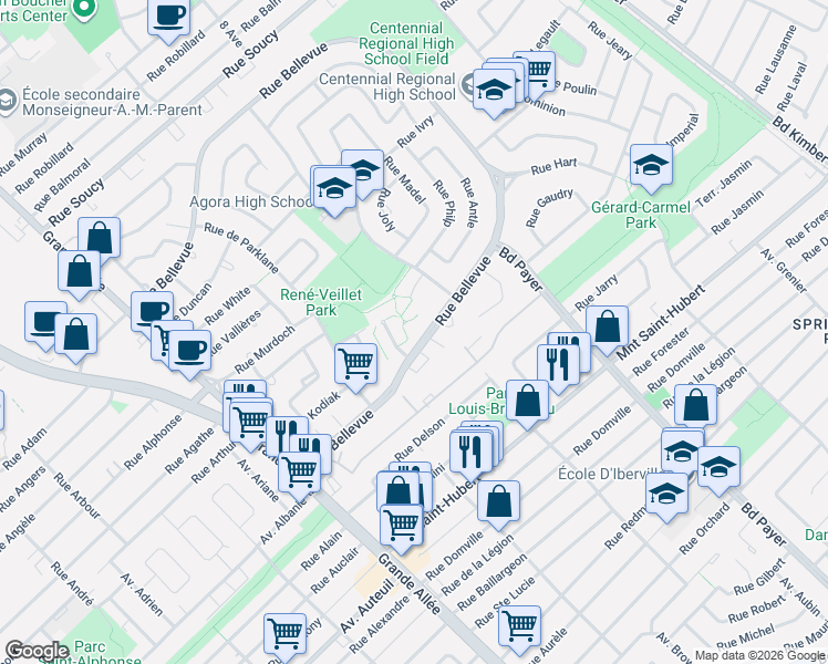 map of restaurants, bars, coffee shops, grocery stores, and more near 1511 Rue Bellevue in Longueuil
