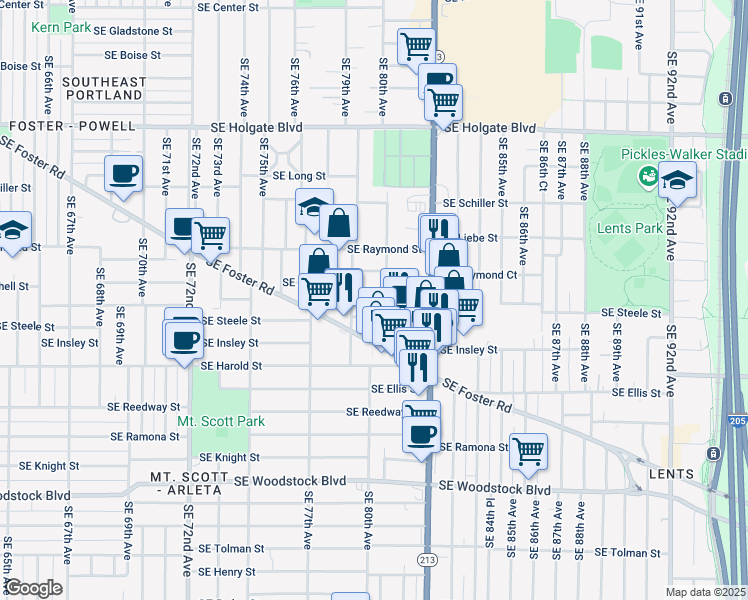 map of restaurants, bars, coffee shops, grocery stores, and more near 7930 Southeast Mitchell Street in Portland