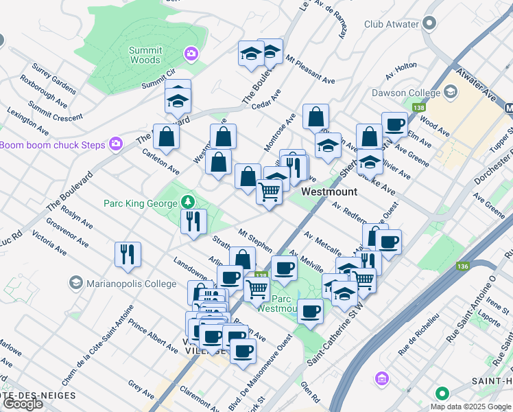 map of restaurants, bars, coffee shops, grocery stores, and more near 9 Avenue Forden in Westmount