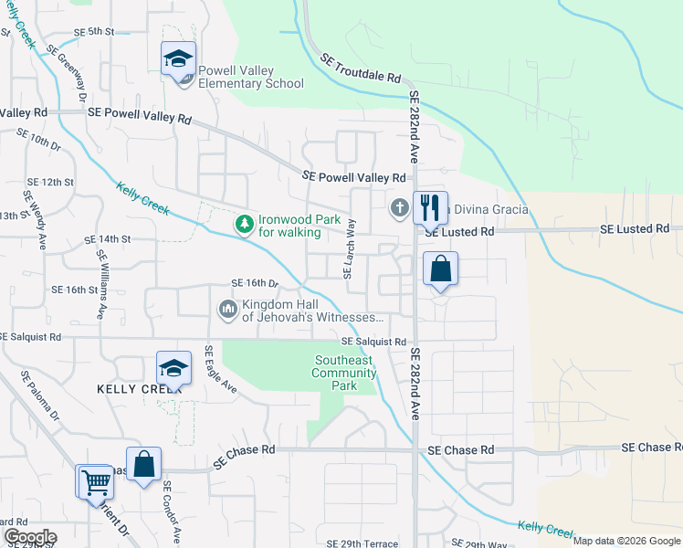 map of restaurants, bars, coffee shops, grocery stores, and more near 1633 Southeast Larch Way in Gresham