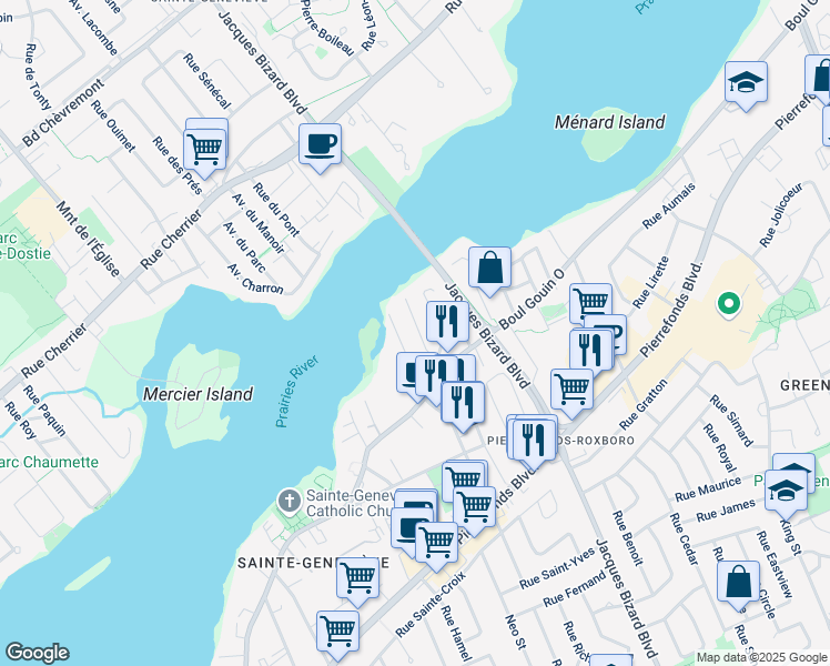 map of restaurants, bars, coffee shops, grocery stores, and more near 34 Rue Saint Antoine in Montréal