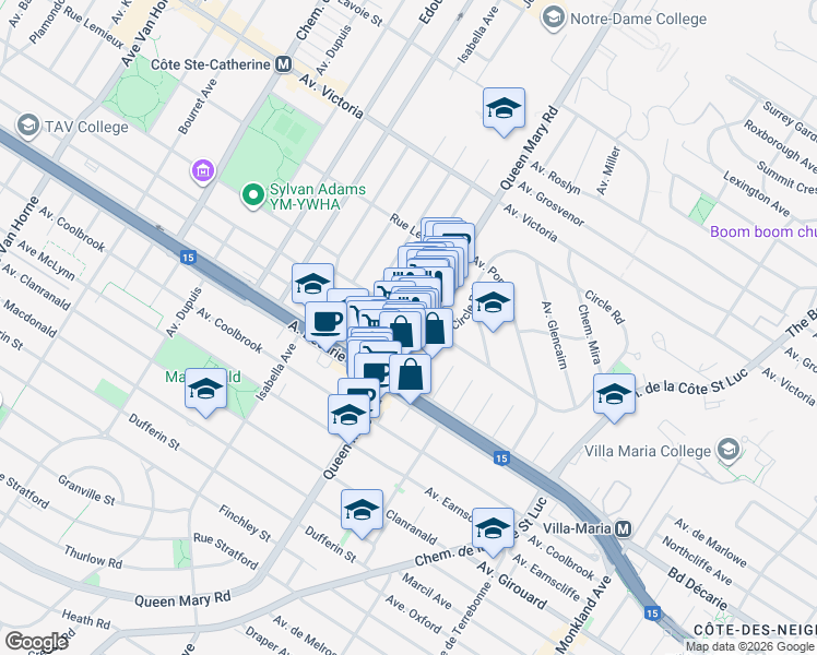 map of restaurants, bars, coffee shops, grocery stores, and more near 5165 Queen Mary Rd, Suite 512 in Montreal