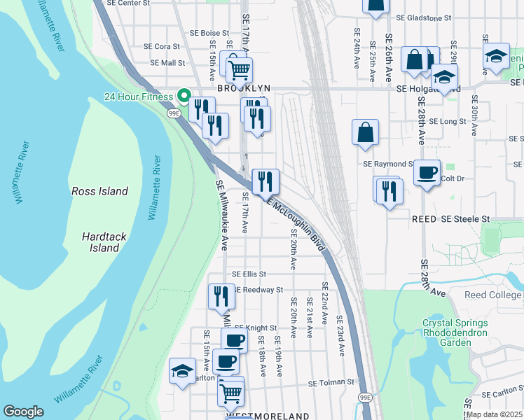 map of restaurants, bars, coffee shops, grocery stores, and more near 5319 Southeast 18th Avenue in Portland