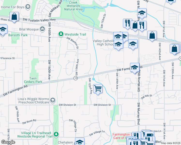 map of restaurants, bars, coffee shops, grocery stores, and more near 4800 Southwest Mueller Drive in Beaverton