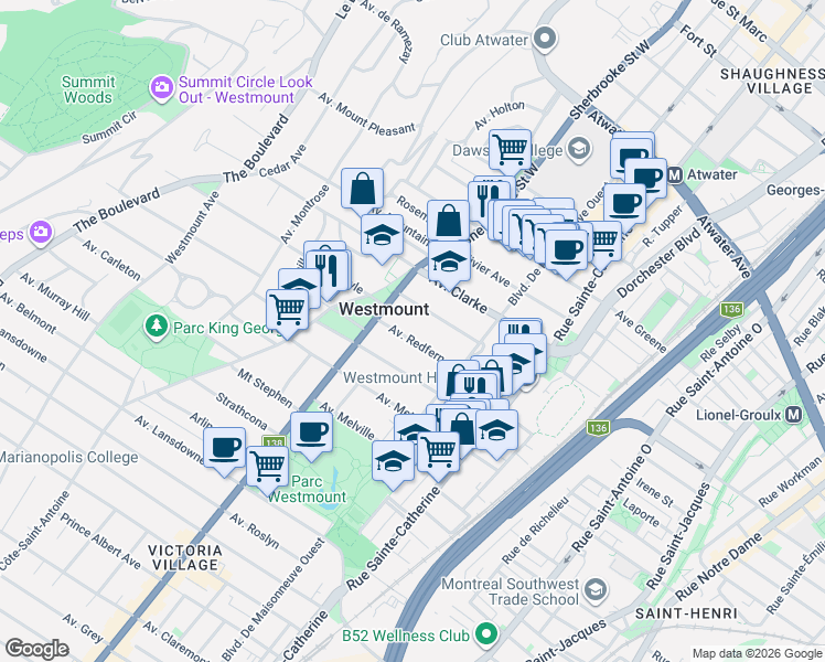 map of restaurants, bars, coffee shops, grocery stores, and more near 359 Avenue Redfern in Westmount