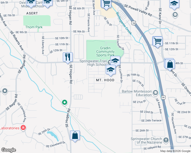 map of restaurants, bars, coffee shops, grocery stores, and more near 2220 Southeast 16th Street in Gresham