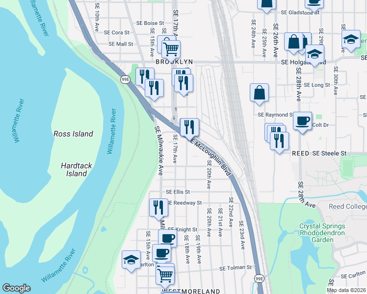 map of restaurants, bars, coffee shops, grocery stores, and more near 5319 Southeast 18th Avenue in Portland