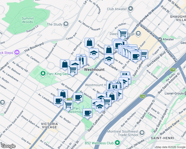 map of restaurants, bars, coffee shops, grocery stores, and more near in Westmount