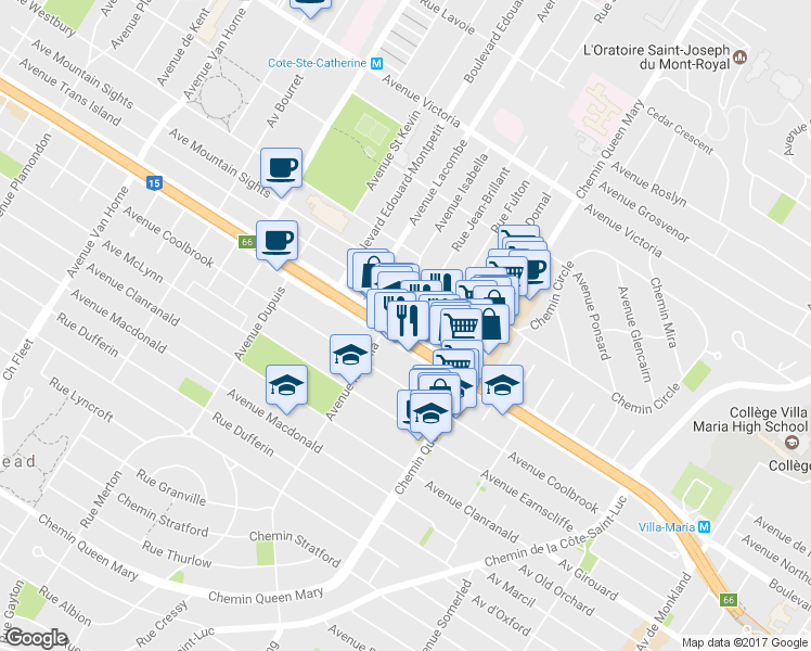 map of restaurants, bars, coffee shops, grocery stores, and more near 5253 Boulevard Décarie in Montréal