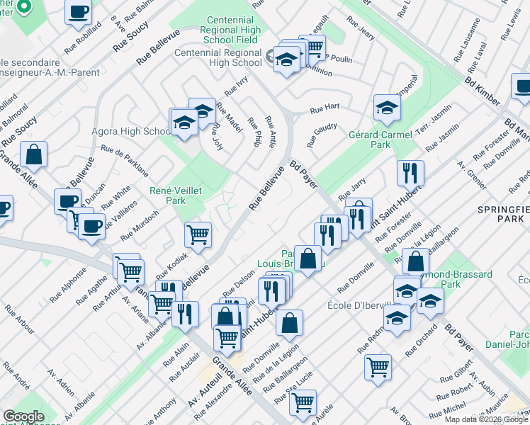 map of restaurants, bars, coffee shops, grocery stores, and more near 1448 Rue Bellevue in Longueuil