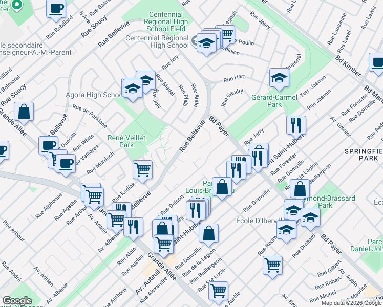 map of restaurants, bars, coffee shops, grocery stores, and more near 1448 Rue Bellevue in Longueuil