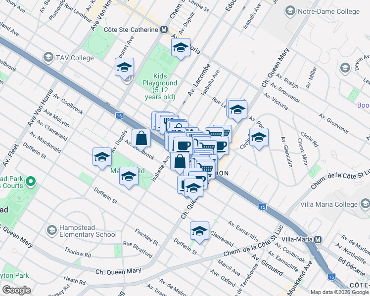 map of restaurants, bars, coffee shops, grocery stores, and more near 5227 Boulevard Décarie in Montréal