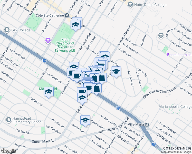 map of restaurants, bars, coffee shops, grocery stores, and more near 5165 Chemin Queen Mary in Montréal