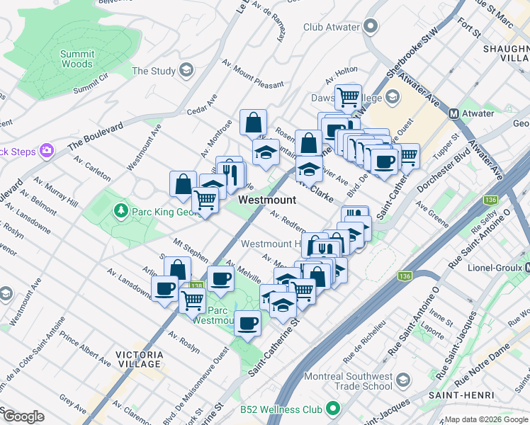 map of restaurants, bars, coffee shops, grocery stores, and more near 376 Avenue Redfern in Westmount