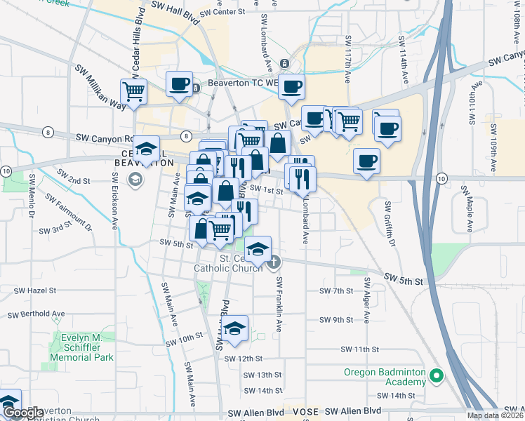 map of restaurants, bars, coffee shops, grocery stores, and more near 4820 Southwest Franklin Avenue in Beaverton
