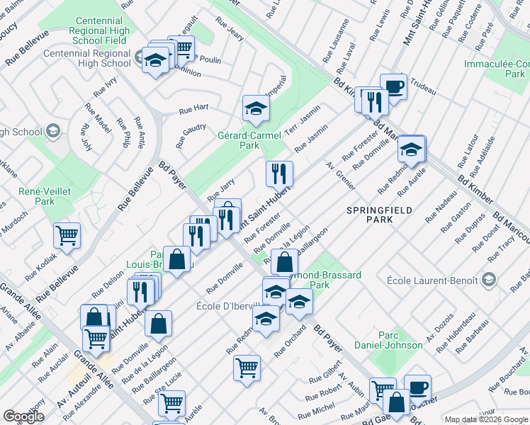 map of restaurants, bars, coffee shops, grocery stores, and more near 4783 Montée Saint-Hubert in Longueuil