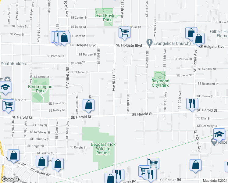 map of restaurants, bars, coffee shops, grocery stores, and more near 11120 Southeast Steele Street in Portland