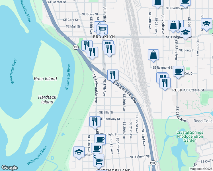 map of restaurants, bars, coffee shops, grocery stores, and more near 5319 Southeast 18th Avenue in Portland