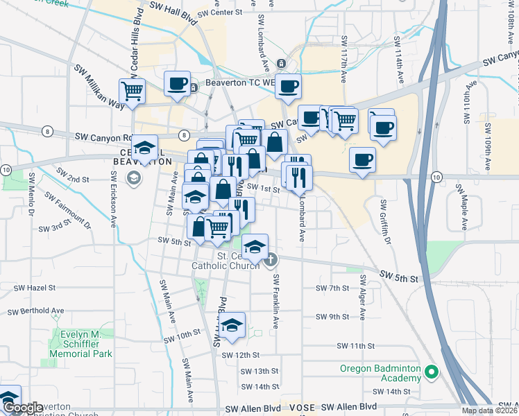 map of restaurants, bars, coffee shops, grocery stores, and more near 4820 Southwest Franklin Avenue in Beaverton