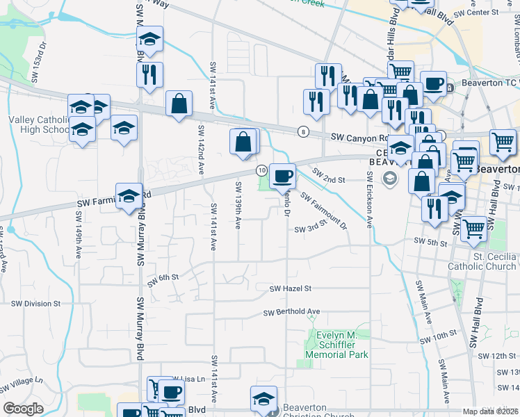map of restaurants, bars, coffee shops, grocery stores, and more near 4905 Southwest Spencer Road in Beaverton