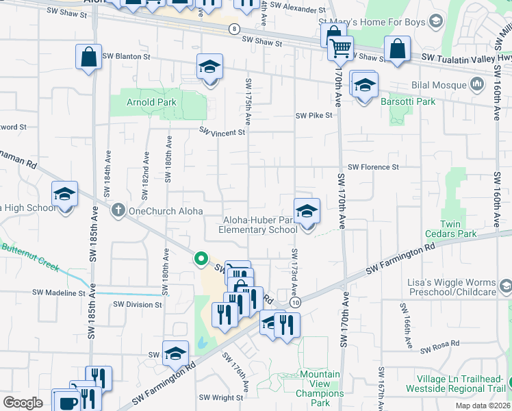 map of restaurants, bars, coffee shops, grocery stores, and more near 4880 Southwest 175th Avenue in Beaverton