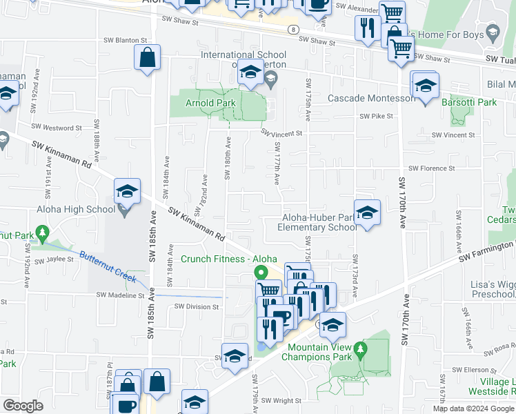 map of restaurants, bars, coffee shops, grocery stores, and more near 17836 Southwest Washington Drive in Aloha