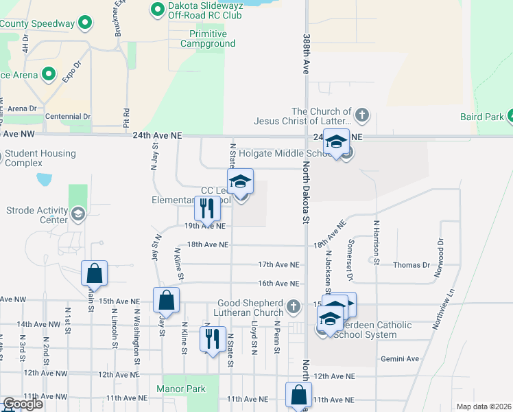 map of restaurants, bars, coffee shops, grocery stores, and more near 616 19th Avenue Northeast in Aberdeen