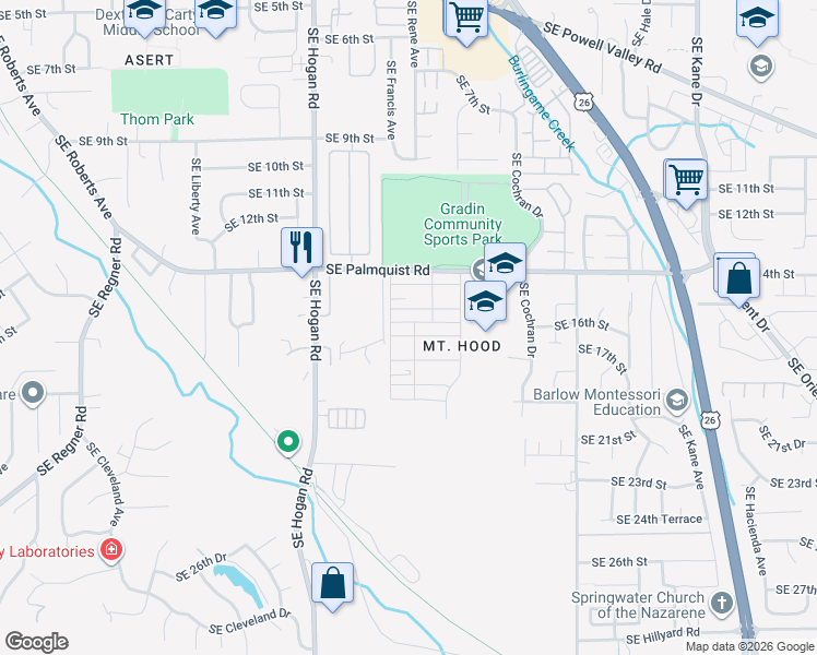 map of restaurants, bars, coffee shops, grocery stores, and more near 2170 Southeast 16th Street in Gresham