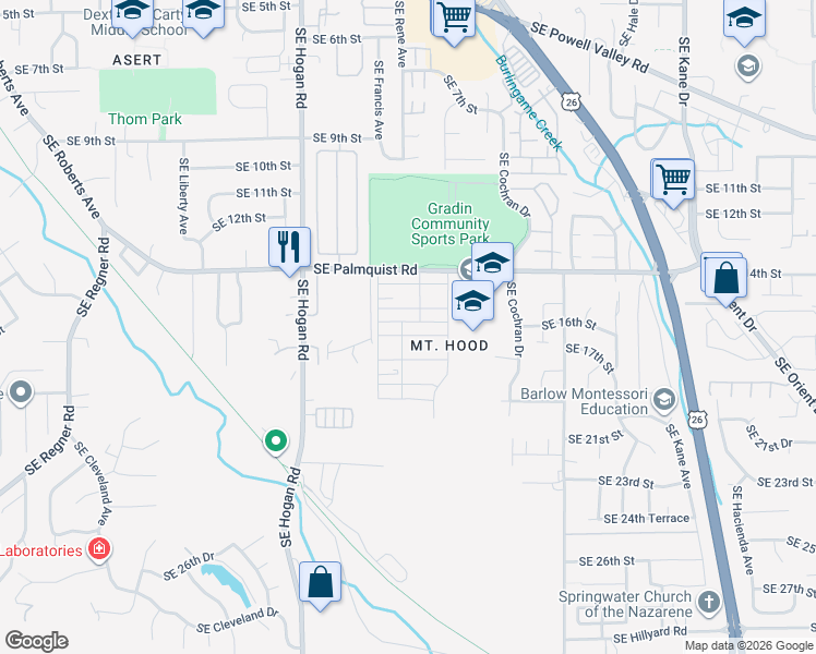 map of restaurants, bars, coffee shops, grocery stores, and more near 2220 Southeast 16th Street in Gresham