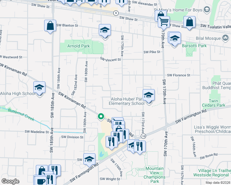 map of restaurants, bars, coffee shops, grocery stores, and more near 17703 Southwest Meadowbrook Way in Aloha