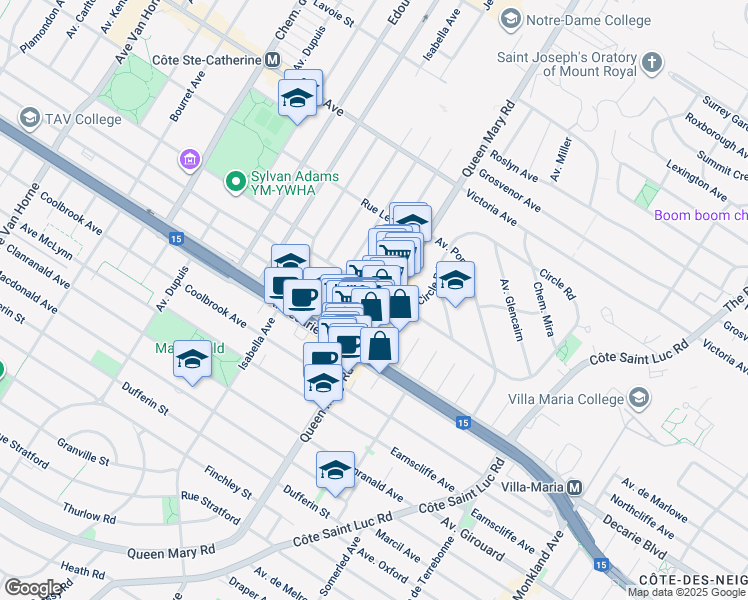 map of restaurants, bars, coffee shops, grocery stores, and more near 5165 Chemin Queen Mary in Montréal