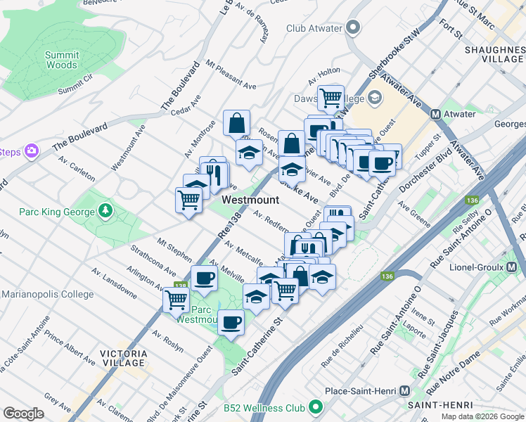 map of restaurants, bars, coffee shops, grocery stores, and more near 367 Avenue Redfern in Westmount