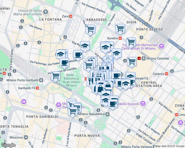map of restaurants, bars, coffee shops, grocery stores, and more near 22 Via Melchiorre Gioia in Milano
