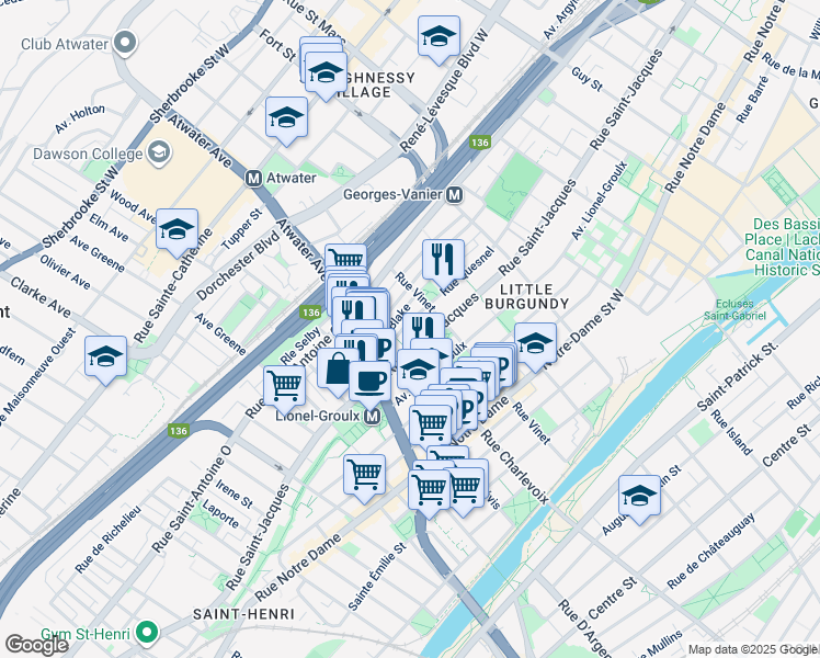 map of restaurants, bars, coffee shops, grocery stores, and more near 2520 Rue Quesnel in Montréal