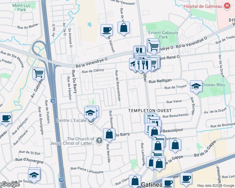 map of restaurants, bars, coffee shops, grocery stores, and more near 18 Rue de Bonaventure in Gatineau