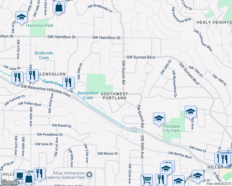 map of restaurants, bars, coffee shops, grocery stores, and more near 5207 Southwest Dosch Road in Portland