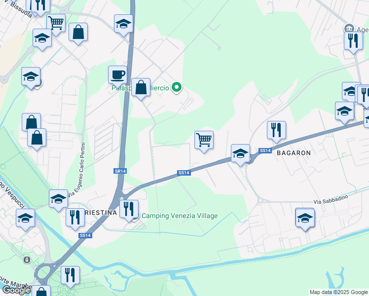map of restaurants, bars, coffee shops, grocery stores, and more near 99 Via Porto di Cavergnago in Venezia