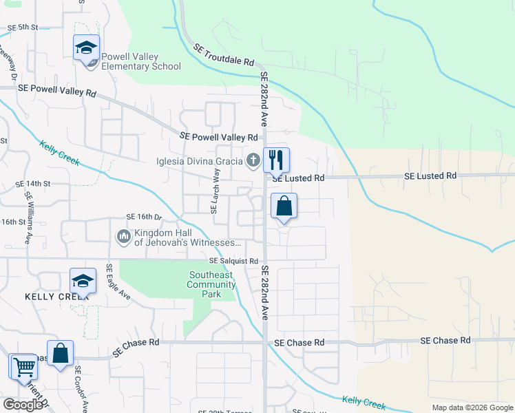 map of restaurants, bars, coffee shops, grocery stores, and more near 5933 Southeast 16th Loop in Gresham