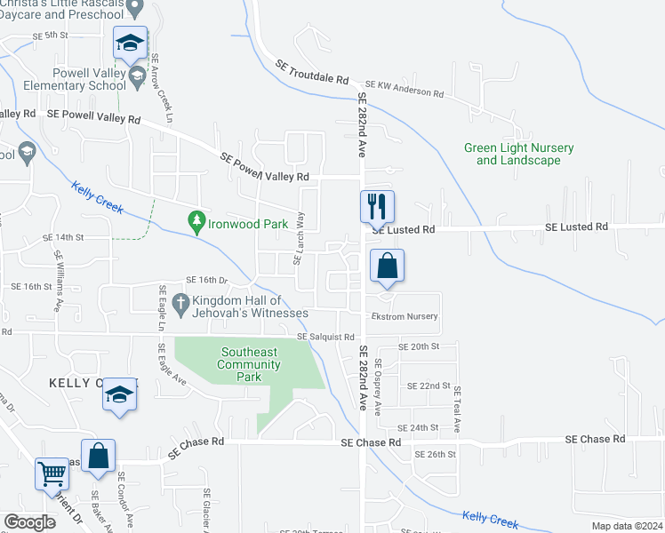 map of restaurants, bars, coffee shops, grocery stores, and more near 5827 Southeast 16th Loop in Gresham