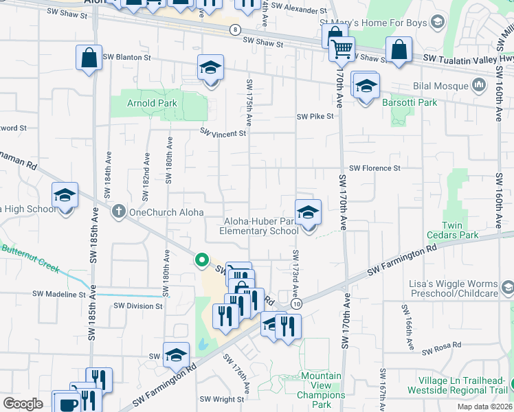map of restaurants, bars, coffee shops, grocery stores, and more near 4880 Southwest 175th Avenue in Beaverton