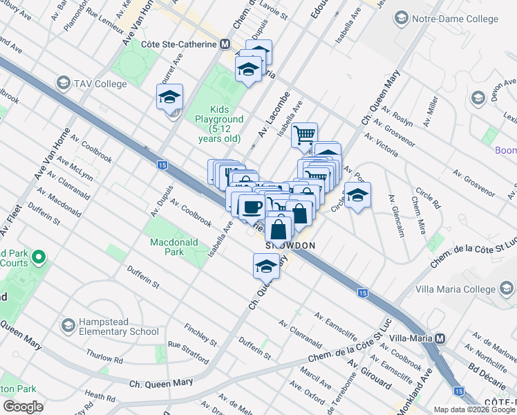 map of restaurants, bars, coffee shops, grocery stores, and more near 5216 Avenue Trans Island in Montréal