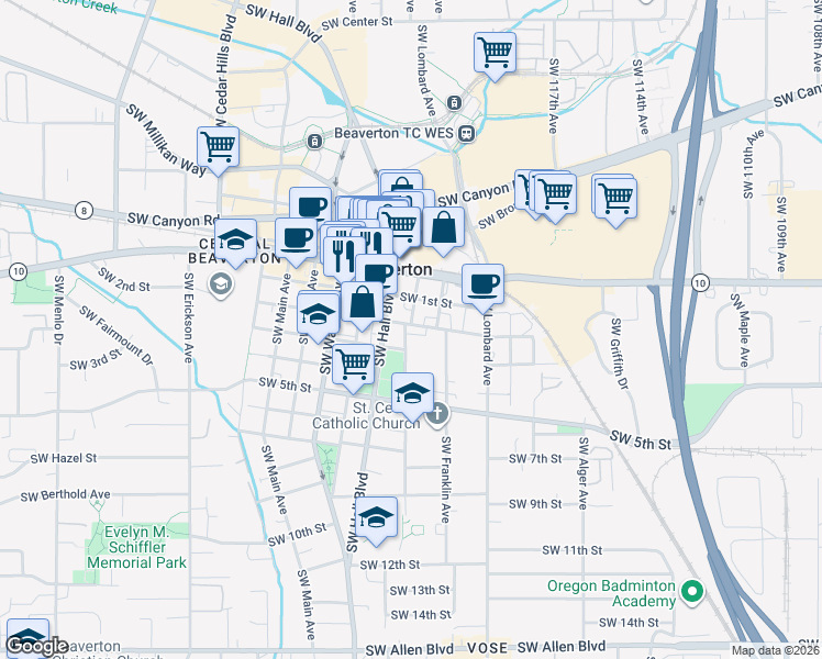 map of restaurants, bars, coffee shops, grocery stores, and more near in Beaverton
