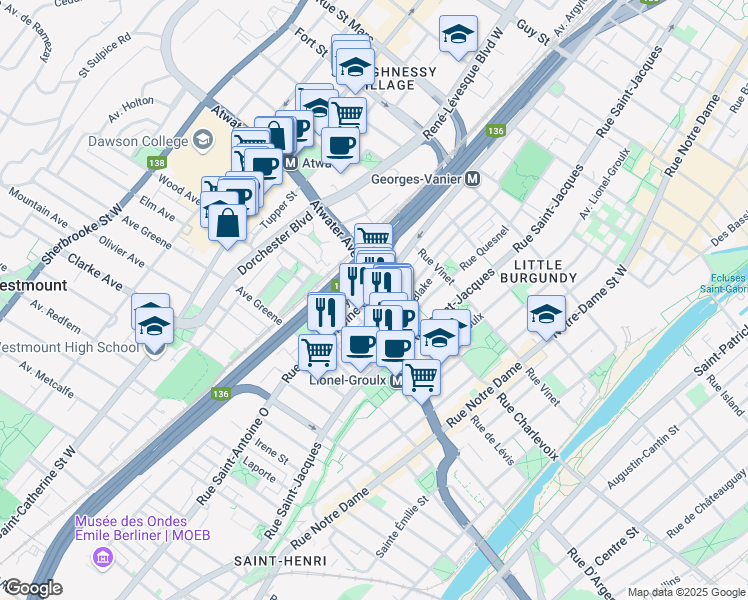 map of restaurants, bars, coffee shops, grocery stores, and more near 915 Avenue Atwater in Montréal