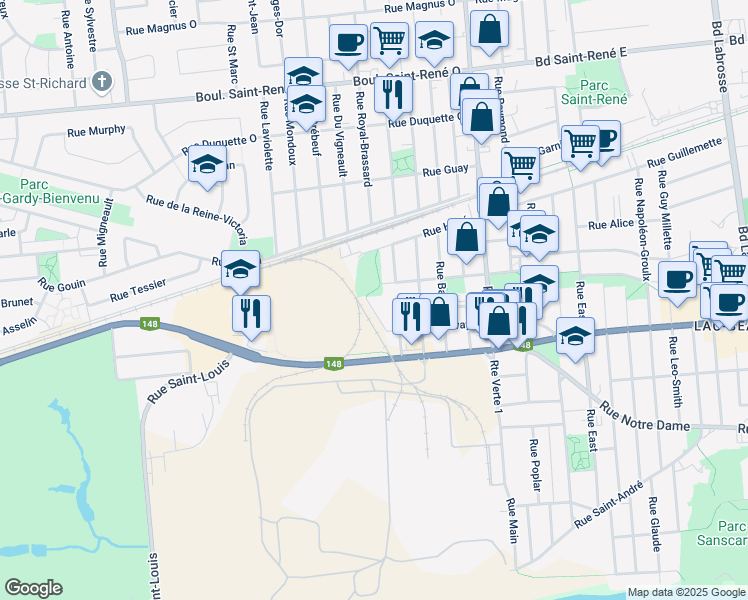 map of restaurants, bars, coffee shops, grocery stores, and more near 251 Rue Broadway Ouest in Gatineau